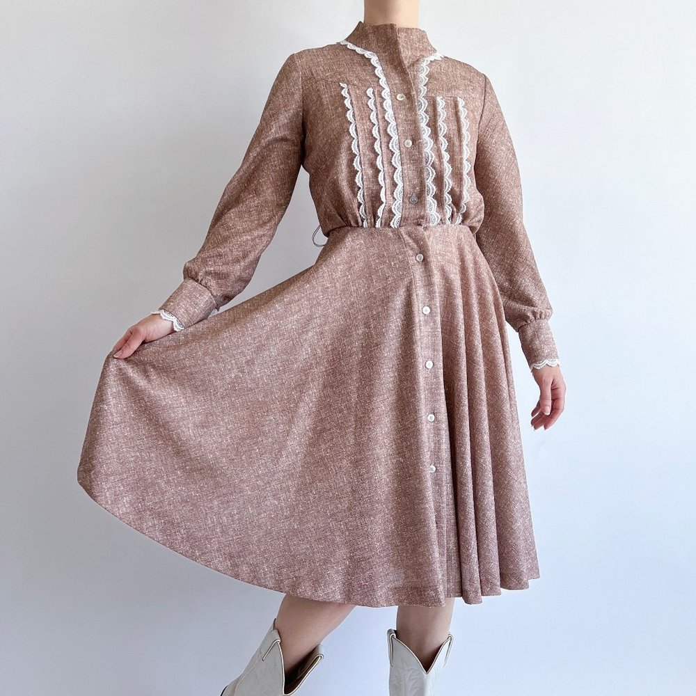 70s coastal cowgirl mock neck long-sleeve full skirt midi dress w lace detailing
